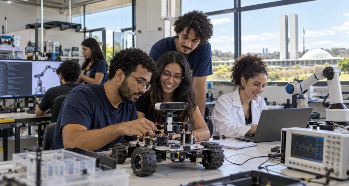 Estudantes e pesquisadores da UnB trabalhando em projeto de robótica e tecnologia