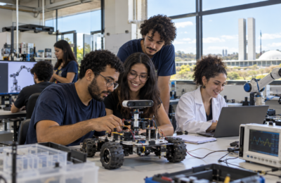 Estudantes e pesquisadores da UnB trabalhando em projeto de robótica e tecnologia