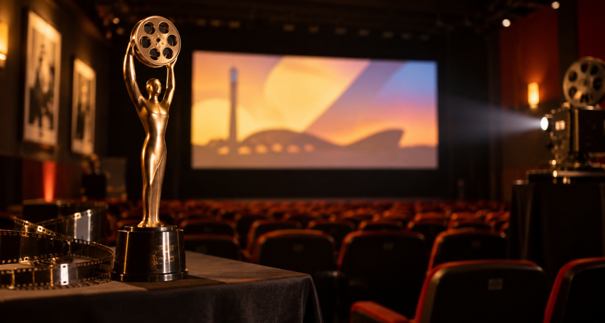Sala de cinema com estatueta representando premiação de produções audiovisuais do Distrito Federal