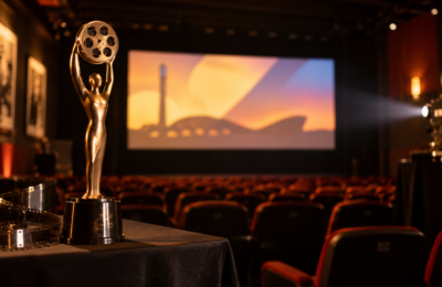 Sala de cinema com estatueta representando premiação de produções audiovisuais do Distrito Federal