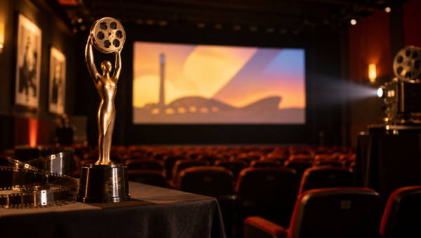 Sala de cinema com estatueta representando premiação de produções audiovisuais do Distrito Federal