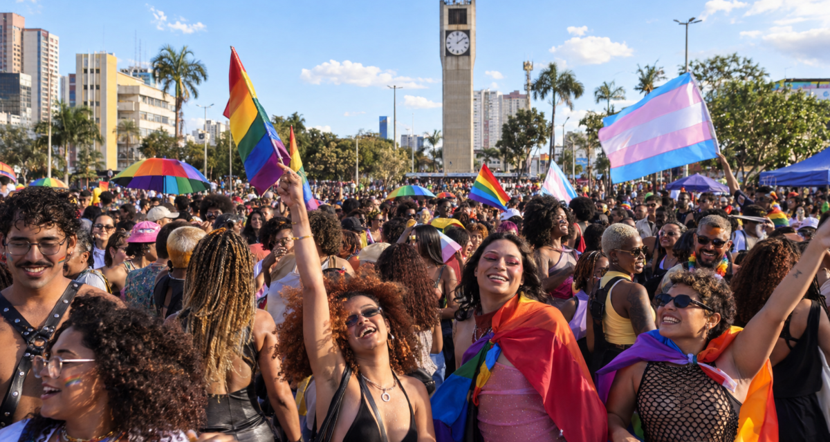Público celebra a Parada do Orgulho LGBTQIAPN+ na Praça do Relógio, em Taguatinga