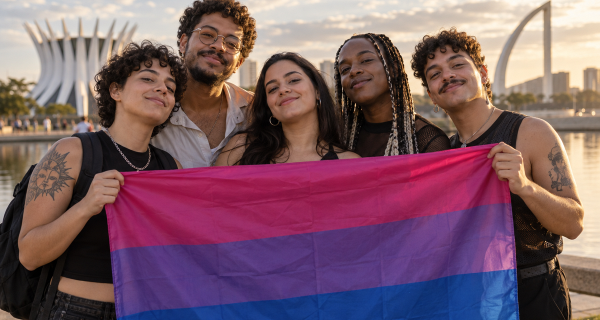 Grupo celebra a visibilidade bissexual em Brasília com a bandeira rosa, roxa e azul