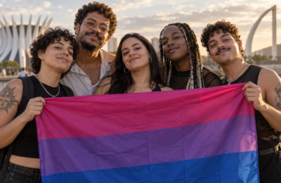 Grupo celebra a visibilidade bissexual em Brasília com a bandeira rosa, roxa e azul