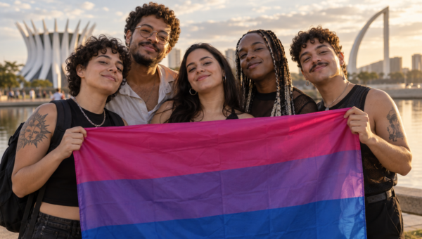 Grupo celebra a visibilidade bissexual em Brasília com a bandeira rosa, roxa e azul