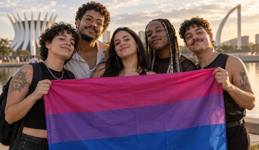 Grupo celebra a visibilidade bissexual em Brasília com a bandeira rosa, roxa e azul