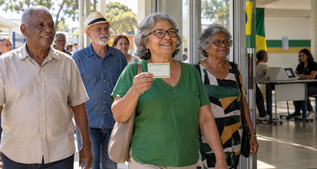 Eleitores com mais de 60 anos chegam a um local de votação no Distrito Federal
