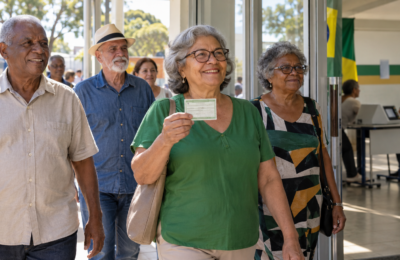 Eleitores com mais de 60 anos chegam a um local de votação no Distrito Federal