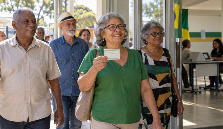 Eleitores com mais de 60 anos chegam a um local de votação no Distrito Federal