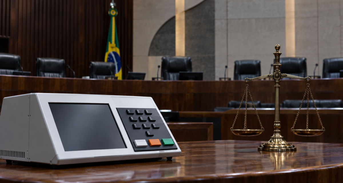 Urna eletrônica e balança da Justiça representam julgamento eleitoral no TSE