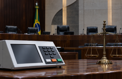 Urna eletrônica e balança da Justiça representam julgamento eleitoral no TSE