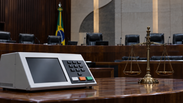 Urna eletrônica e balança da Justiça representam julgamento eleitoral no TSE