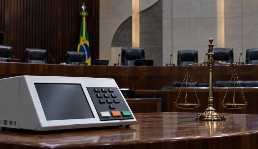 Urna eletrônica e balança da Justiça representam julgamento eleitoral no TSE